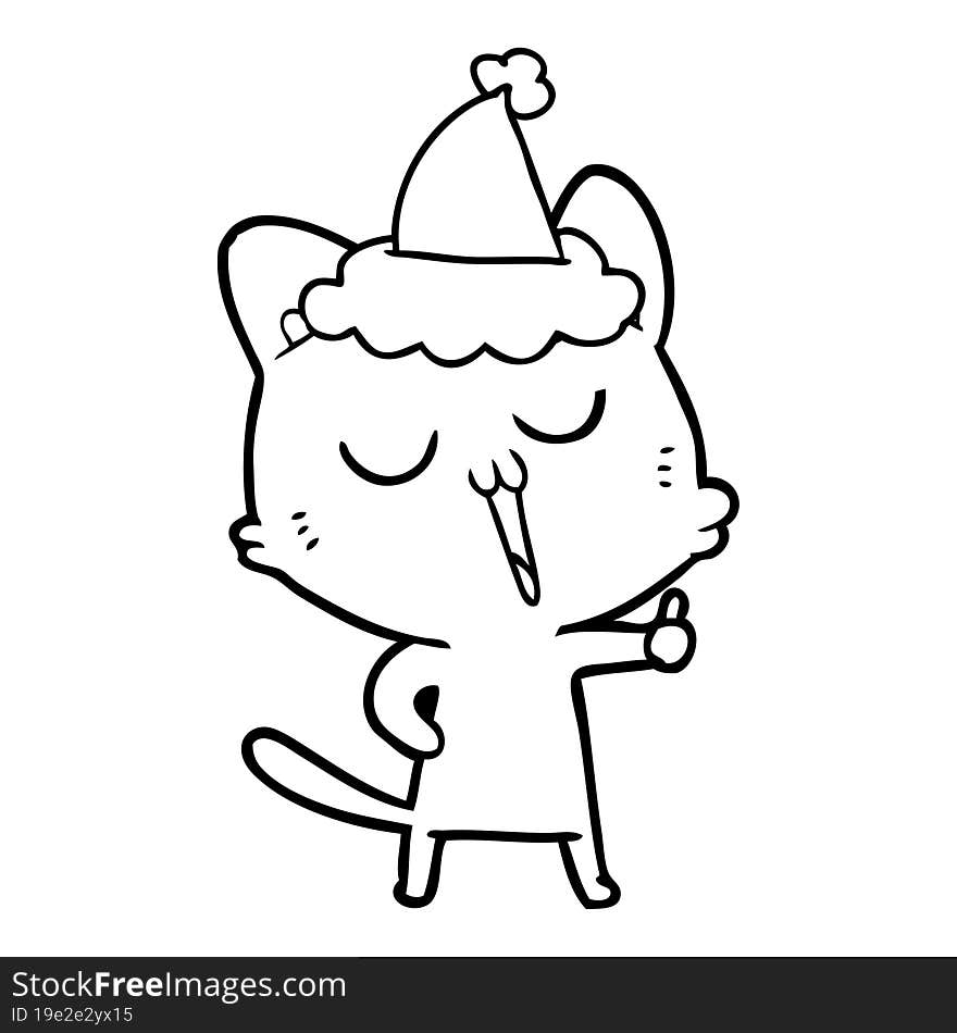 hand drawn line drawing of a cat singing wearing santa hat