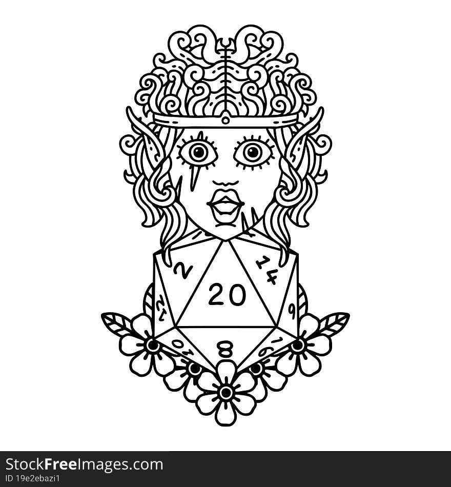 Black and White Tattoo linework Style elf barbarian character with natural twenty dice roll. Black and White Tattoo linework Style elf barbarian character with natural twenty dice roll