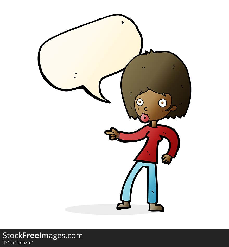 cartoon woman pointing with speech bubble