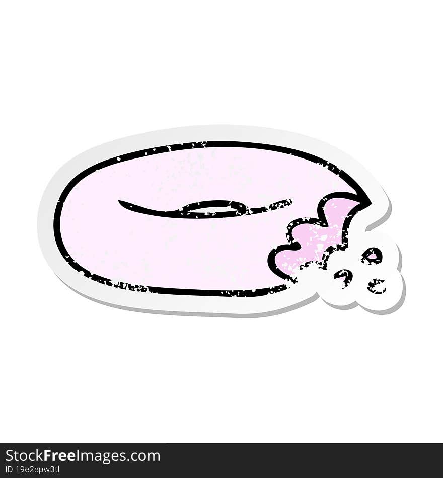 distressed sticker of a quirky hand drawn cartoon bitten donut