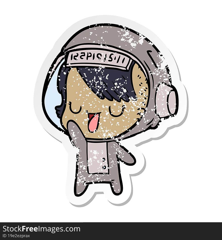 distressed sticker of a cartoon astronaut woman