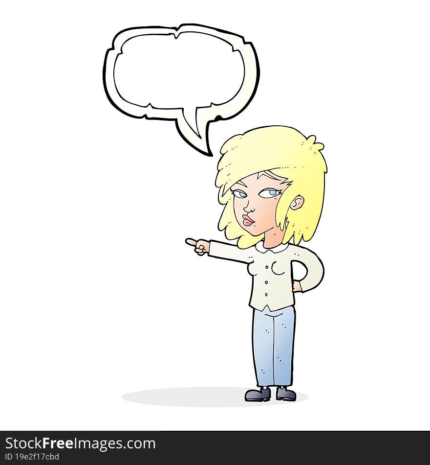 cartoon woman pointing with speech bubble