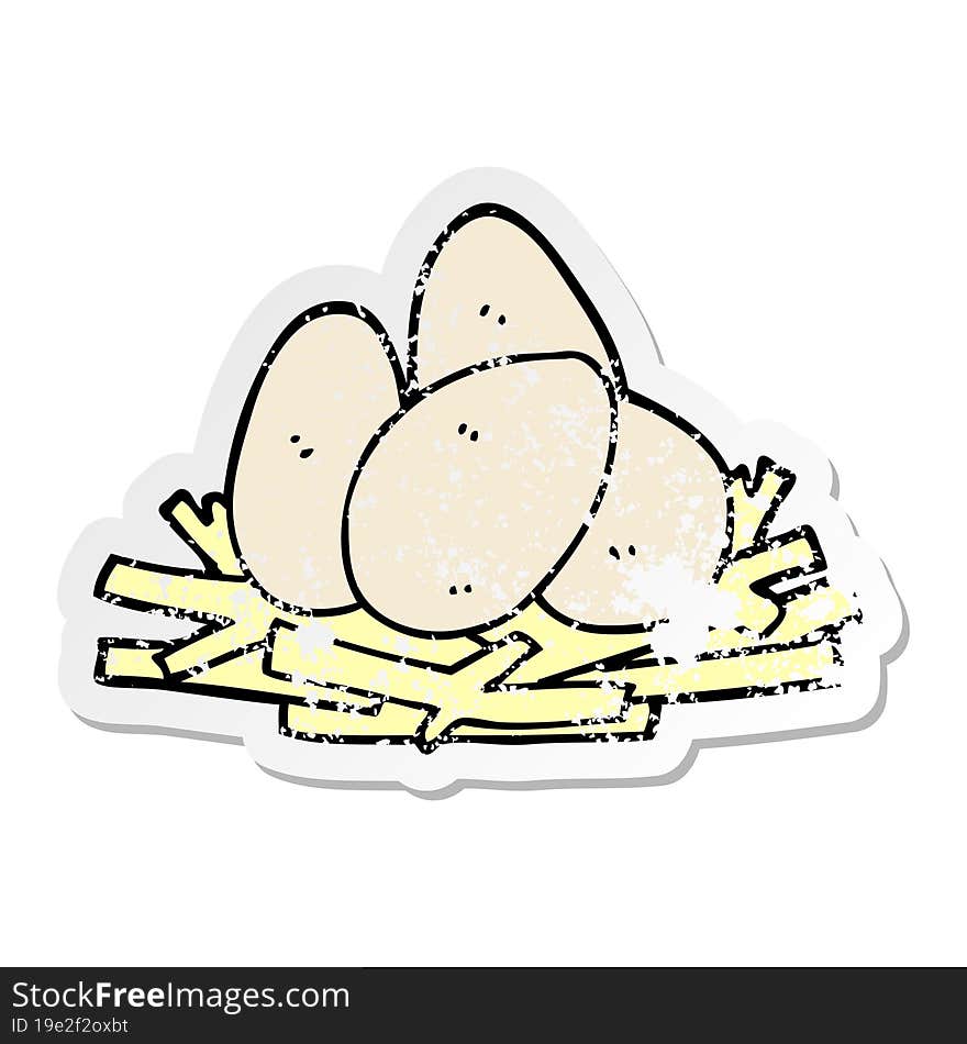 distressed sticker of a cartoon eggs in nest