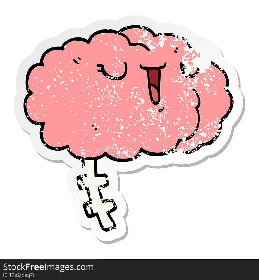 Distressed Sticker Of A Happy Cartoon Brain