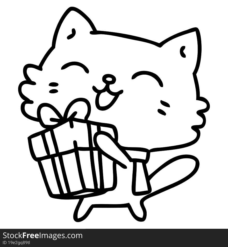 line doodle of a happy little cat holding a christmas present. line doodle of a happy little cat holding a christmas present