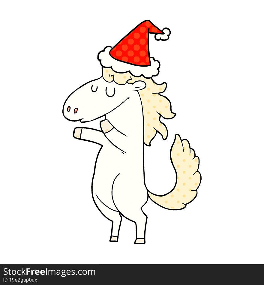 Comic Book Style Illustration Of A Horse Wearing Santa Hat