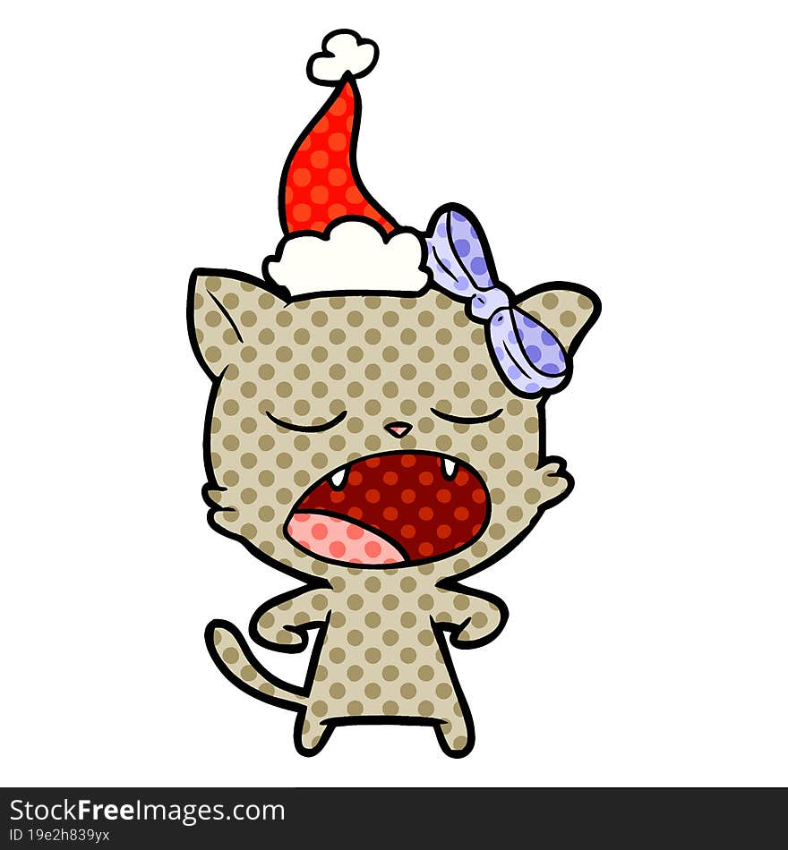 comic book style illustration of a yawning cat wearing santa hat