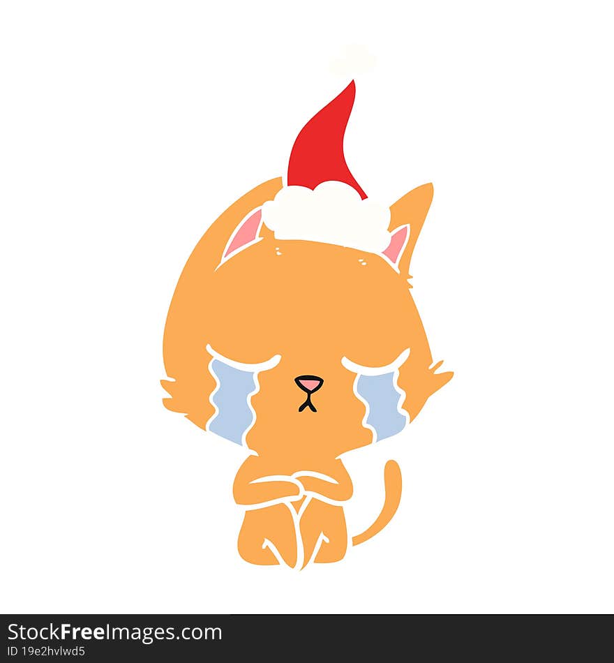 crying flat color illustration of a cat sitting wearing santa hat