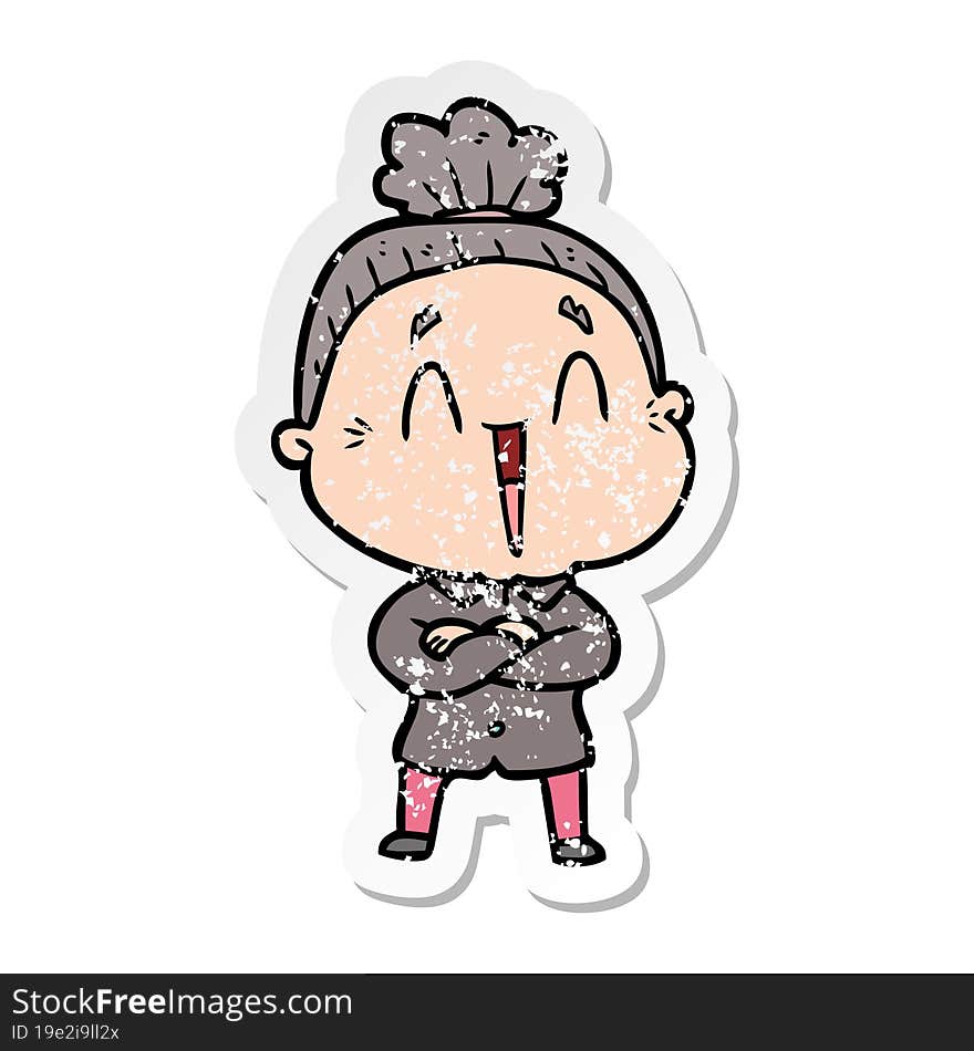 Distressed Sticker Of A Cartoon Happy Old Lady