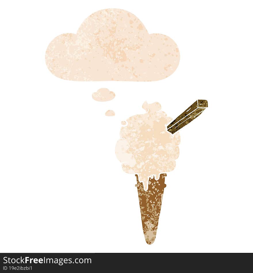 cartoon ice cream and thought bubble in retro textured style