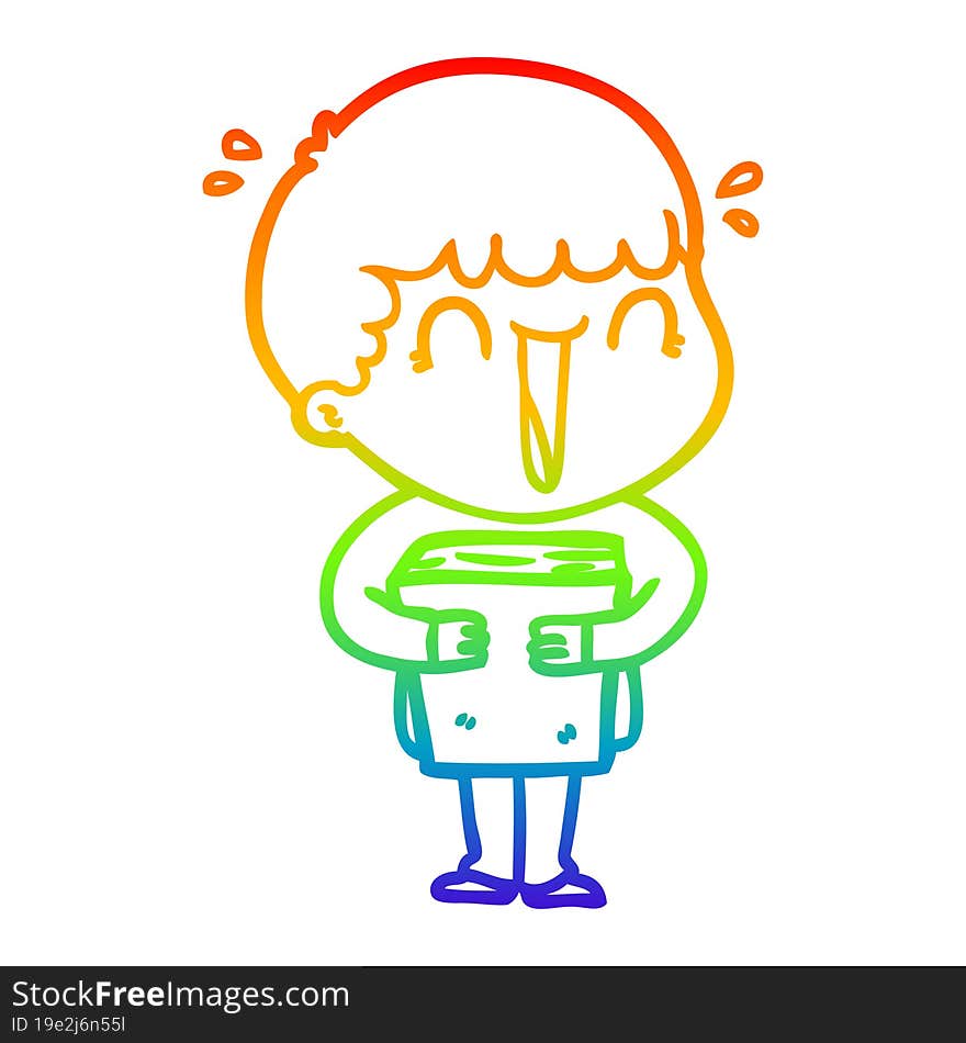 Rainbow Gradient Line Drawing Laughing Cartoon Man Holding Book