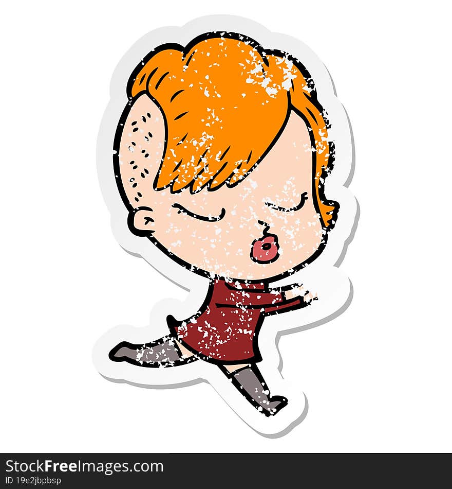 Distressed Sticker Of A Cartoon Pretty Hipster Girl