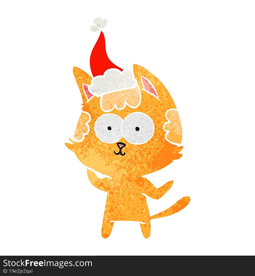 happy retro cartoon of a cat wearing santa hat