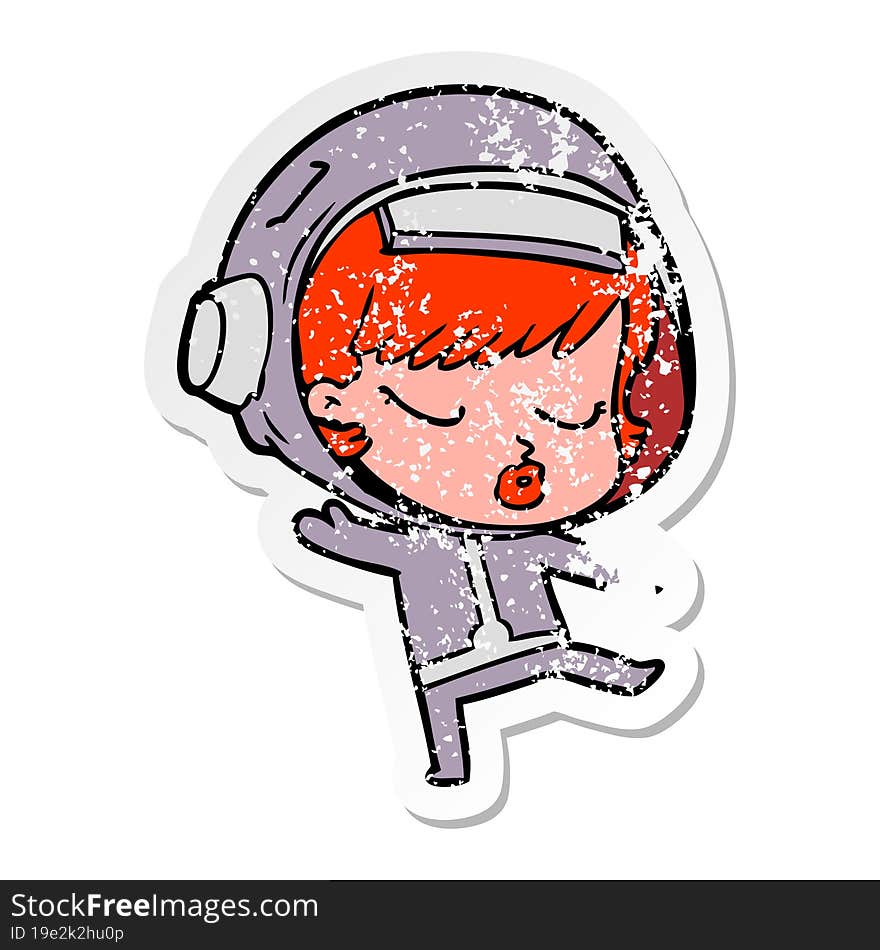 distressed sticker of a cartoon pretty astronaut girl dancing