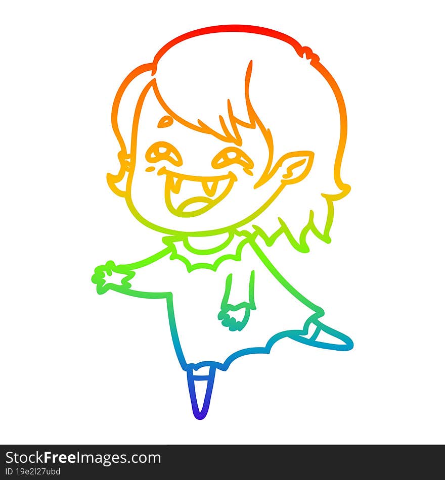 rainbow gradient line drawing of a cartoon laughing vampire girl