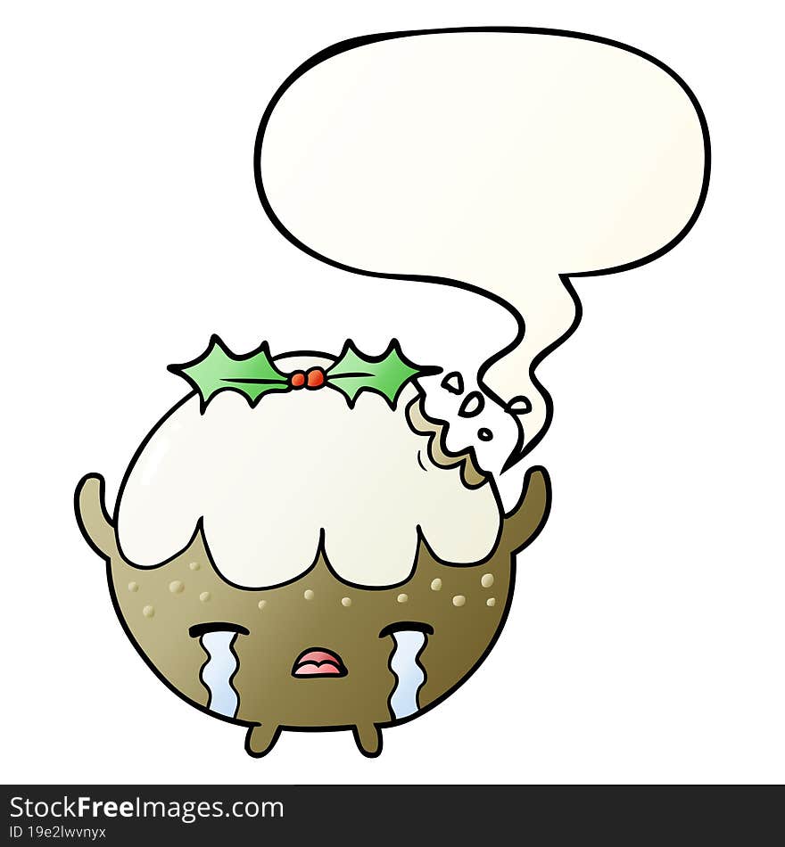 cartoon christmas pudding crying and speech bubble in smooth gradient style