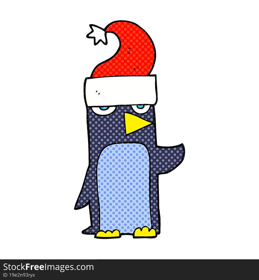 freehand drawn cartoon penguin in christmas hat