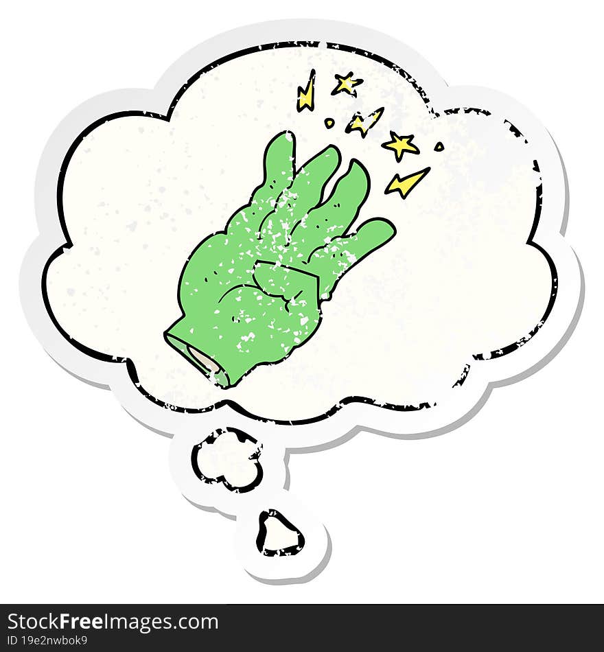 cartoon spooky magic hand and thought bubble as a distressed worn sticker