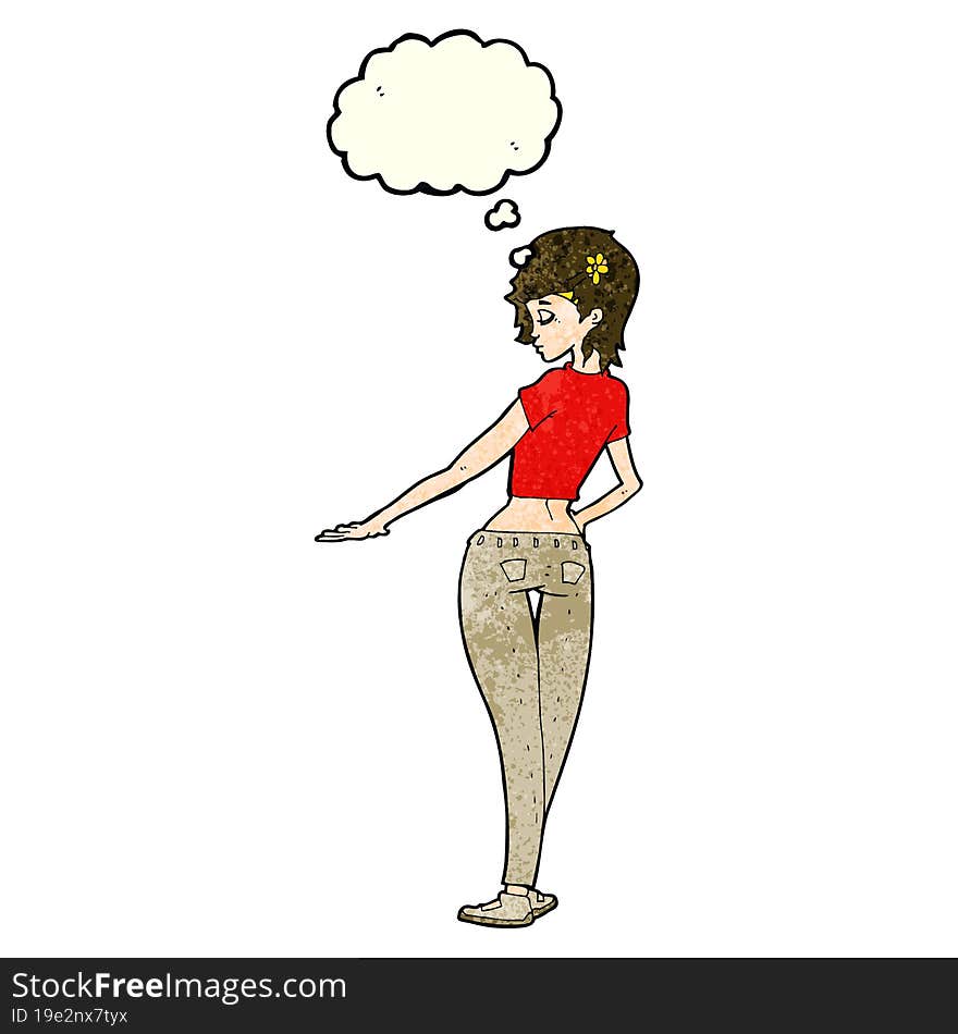 cartoon pretty girl in jeans and tee with thought bubble