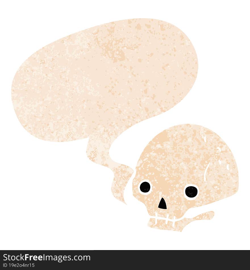 cartoon spooky skull and speech bubble in retro textured style