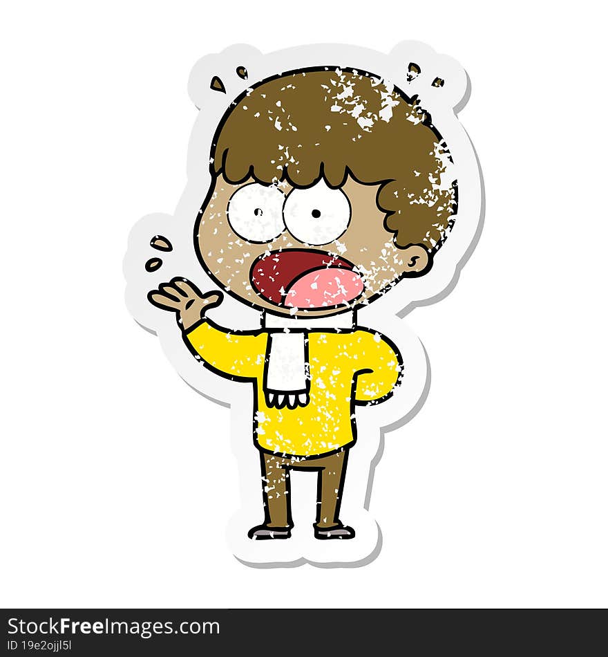 distressed sticker of a cartoon shocked man