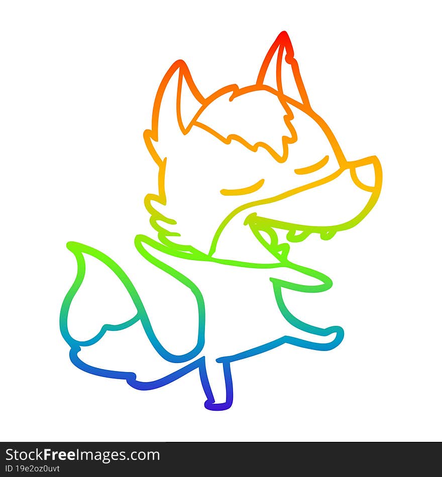 rainbow gradient line drawing of a cartoon wolf laughing