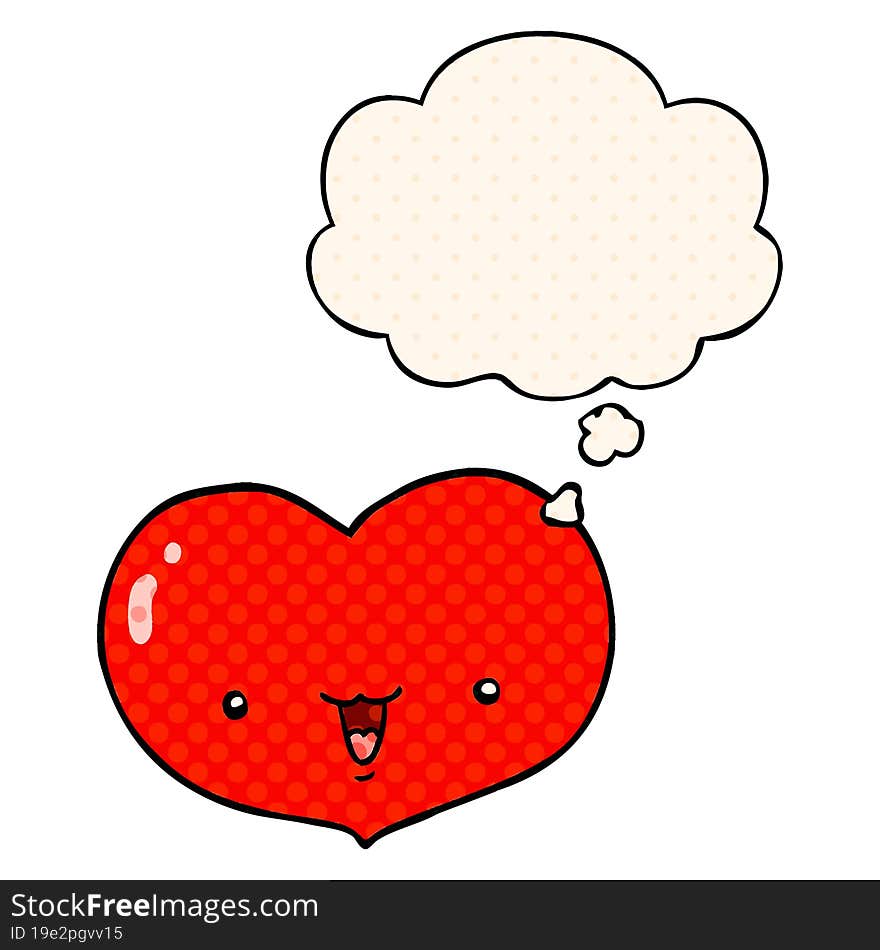 cartoon love heart character with thought bubble in comic book style