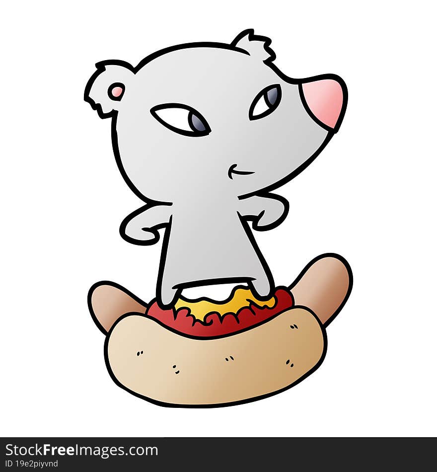 cute cartoon bear riding huge hotdog. cute cartoon bear riding huge hotdog