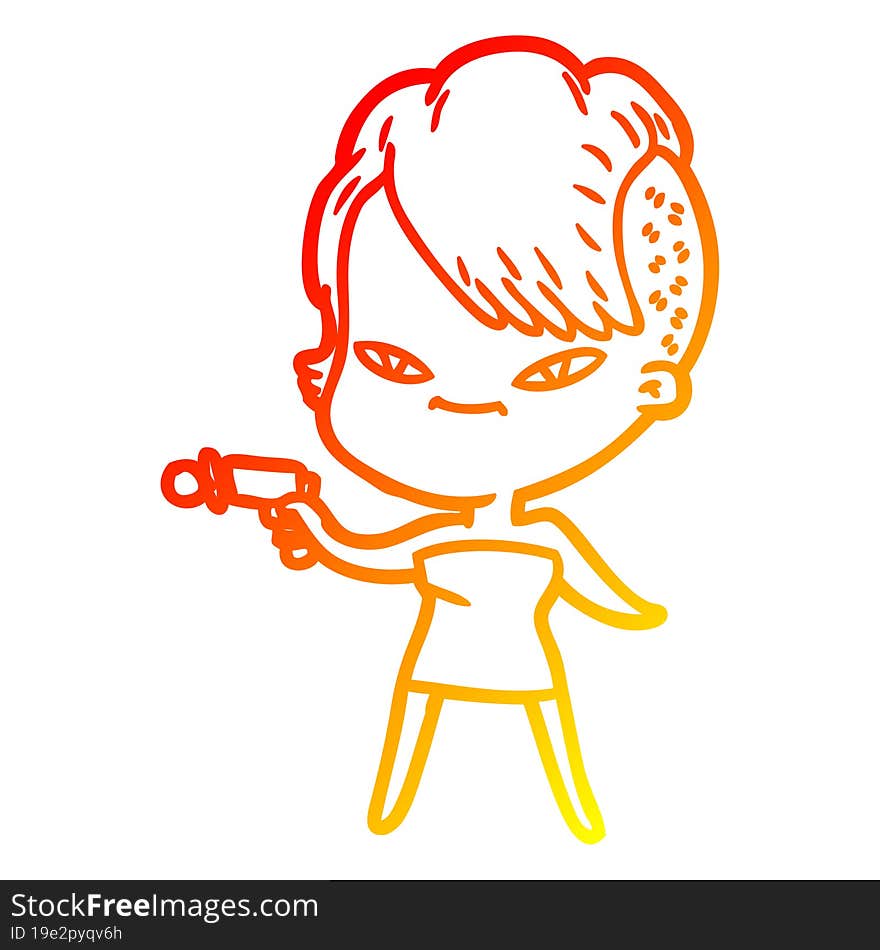 Warm Gradient Line Drawing Cute Cartoon Girl With Hipster Haircut