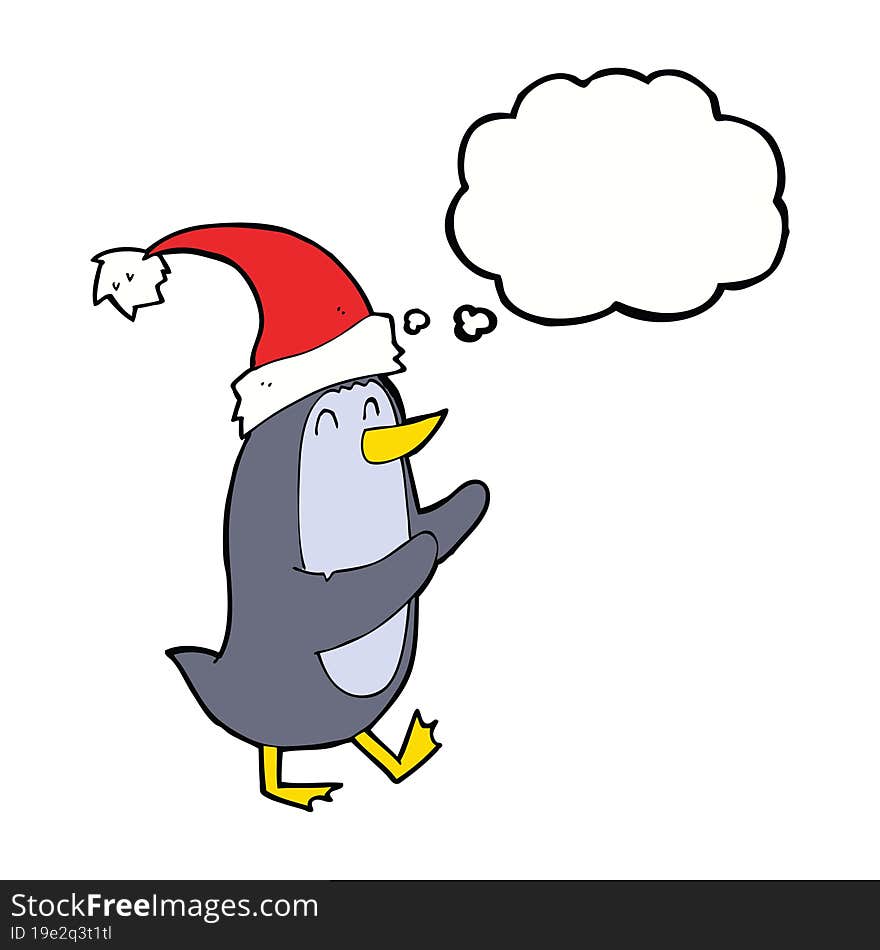 cartoon christmas penguin with thought bubble