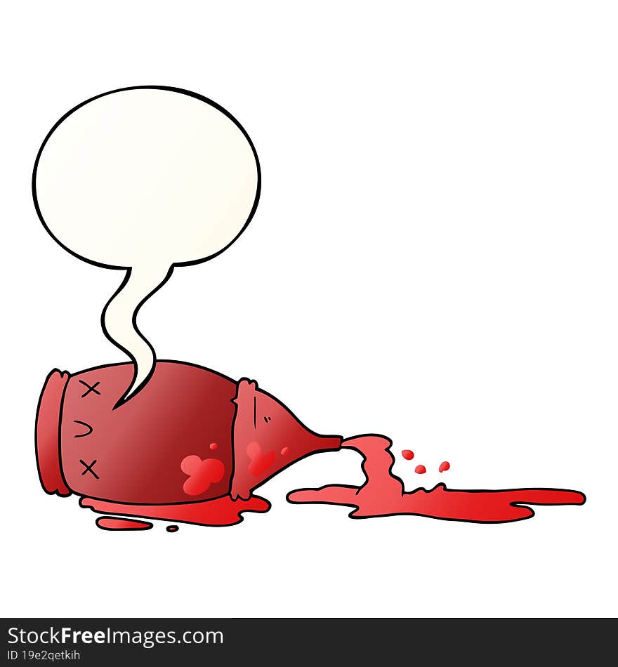 cartoon spilled bottle and speech bubble in smooth gradient style