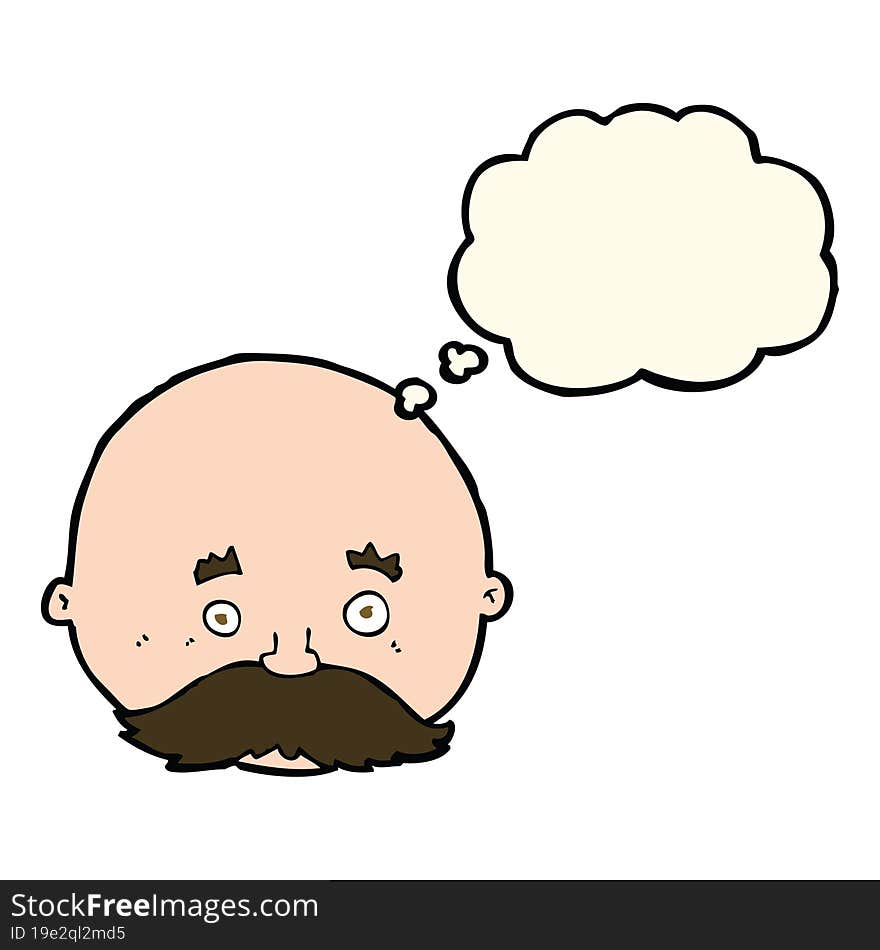 cartoon bald man with mustache with thought bubble