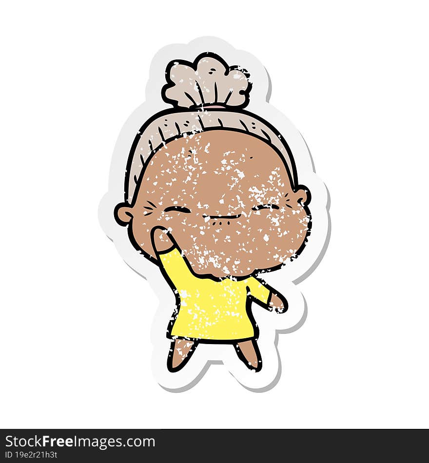 distressed sticker of a cartoon peaceful old woman