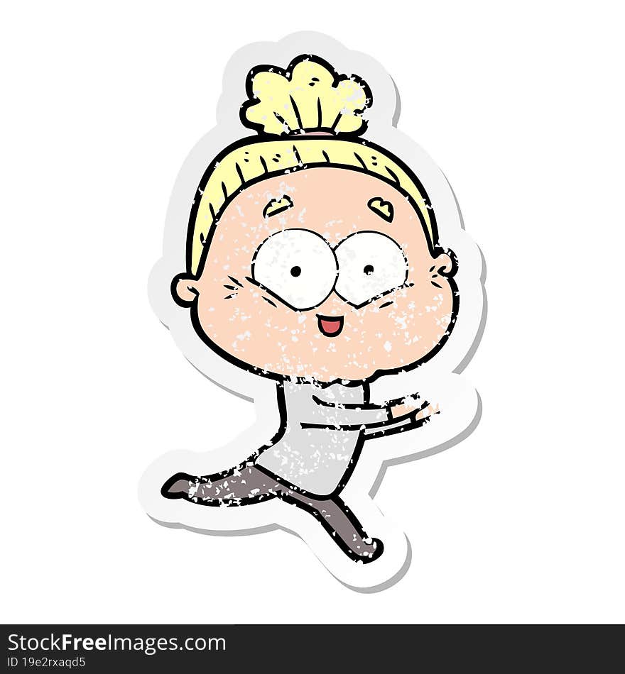 distressed sticker of a cartoon happy old woman