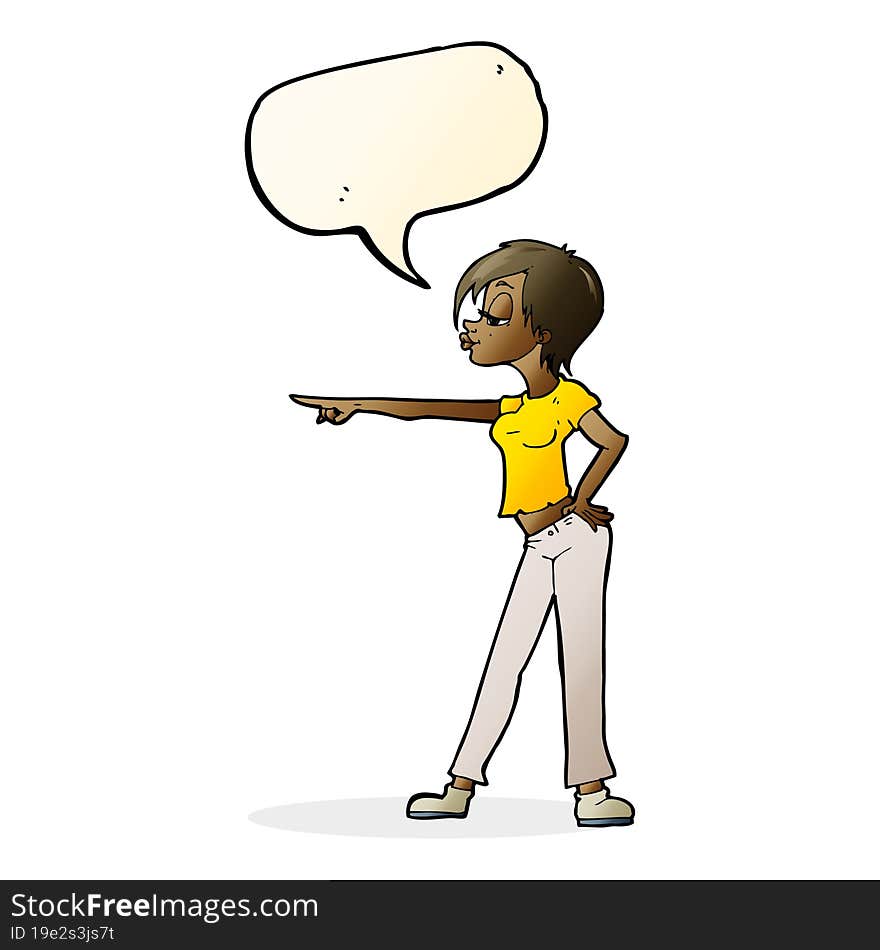 cartoon woman pointing with speech bubble