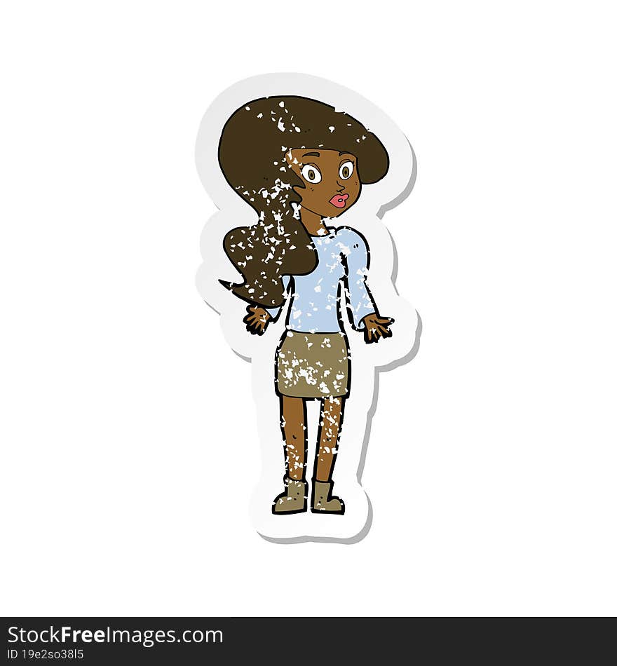 retro distressed sticker of a cartoon woman shrugging shoulders