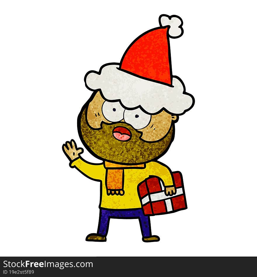 textured cartoon of a bearded man with present wearing santa hat