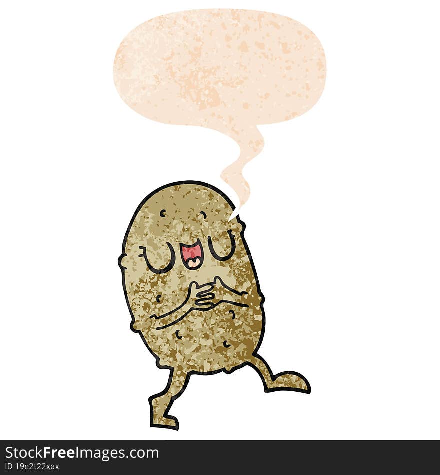 Cartoon Happy Potato And Speech Bubble In Retro Textured Style