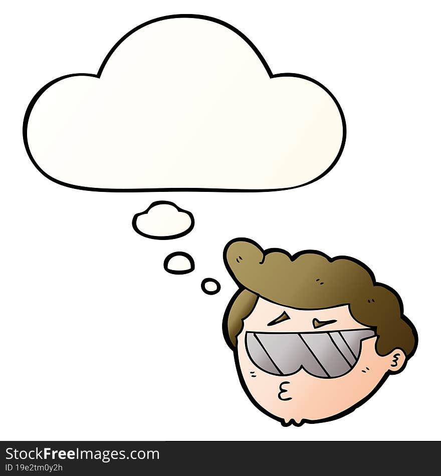 cartoon boy wearing sunglasses and thought bubble in smooth gradient style