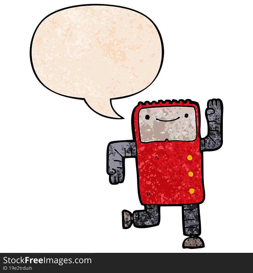 cartoon robot and speech bubble in retro texture style