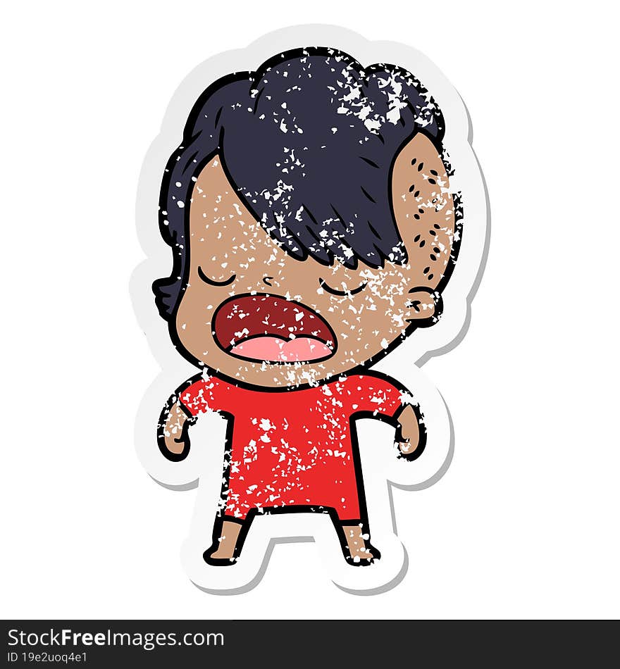 distressed sticker of a cartoon cool hipster girl talking