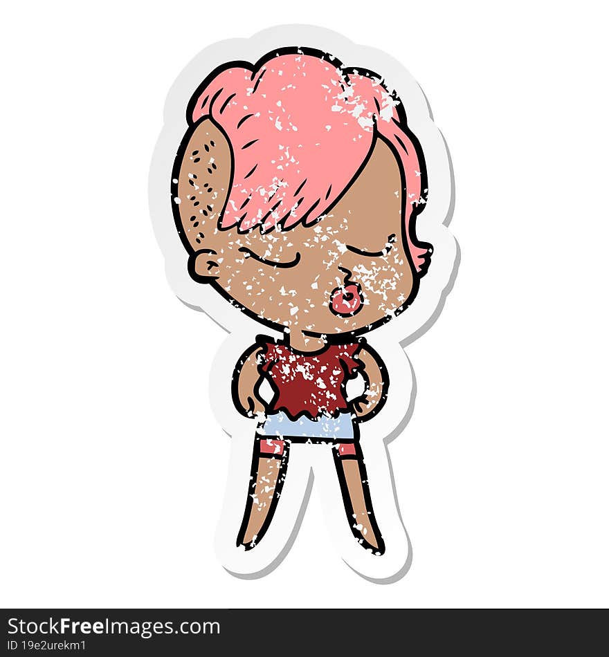 distressed sticker of a cartoon pretty hipster girl