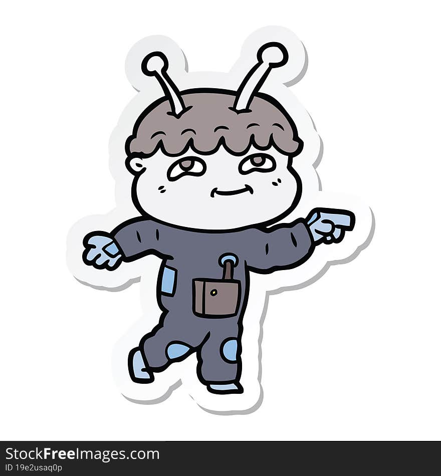 sticker of a friendly cartoon spaceman pointing