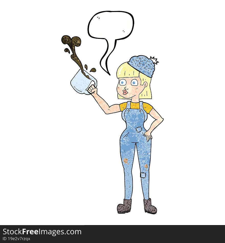 Texture Speech Bubble Cartoon Female Worker With Coffee Mug