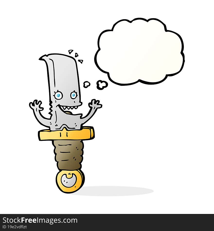 crazy cartoon knife character with thought bubble