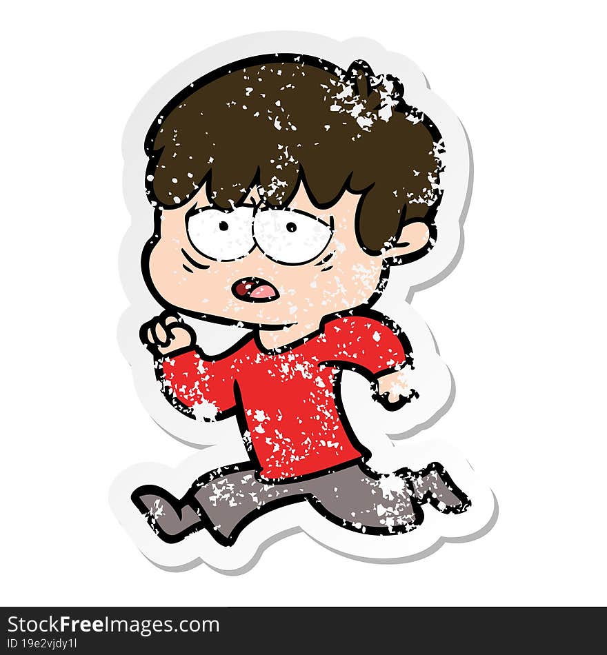 distressed sticker of a cartoon exhausted boy