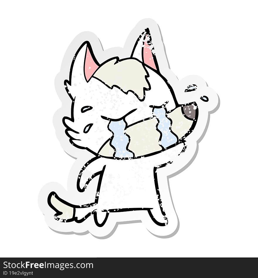 distressed sticker of a cartoon crying wolf