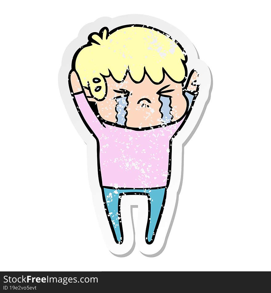 Distressed Sticker Of A Cartoon Boy Crying