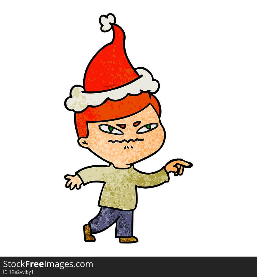 hand drawn textured cartoon of a angry man pointing wearing santa hat