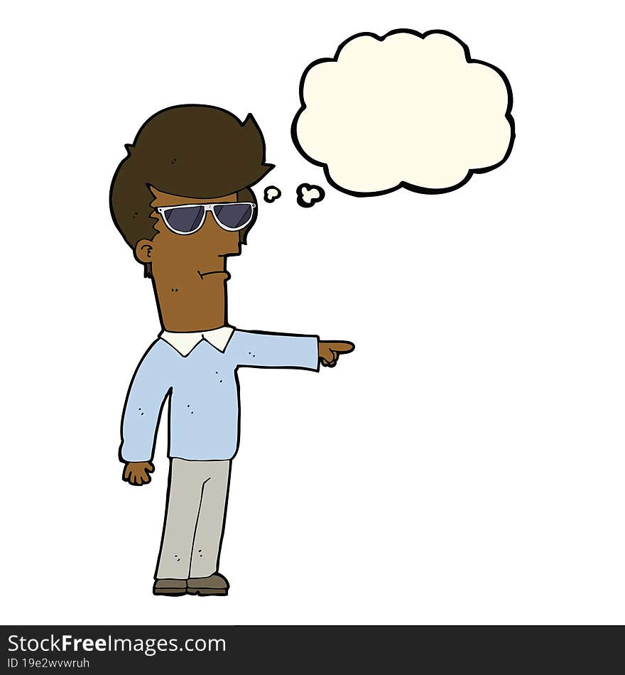 cartoon man in glasses pointing with thought bubble